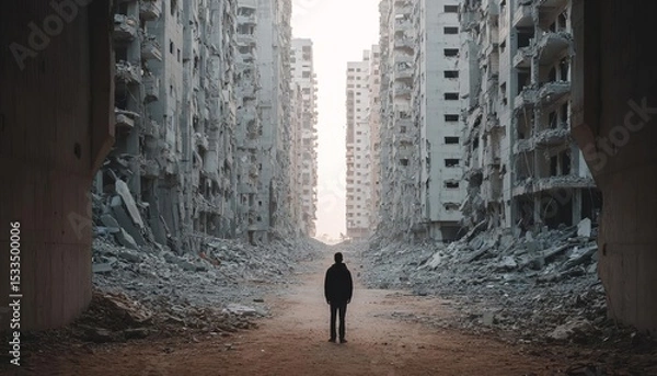 Obraz A person stands alone in a desolate, ruined urban landscape.