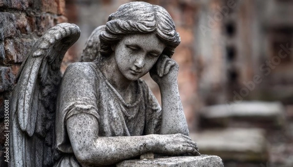 Obraz A serene angel statue evokes reflection and peace in a cemetery.