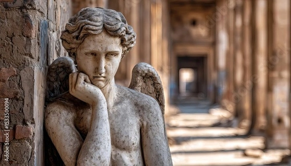 Obraz A thoughtful angel statue in an ancient architectural setting.