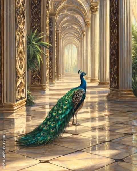 Obraz A stunning peacock stands elegantly in a grand palace hallway.
