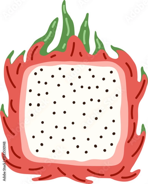 Fototapeta Artistic hand drawn illustration of square pitaya. Vector drawing of exotic fruit slice with seeds and pulp isolated on white background. Drawing of summer vegan dessert for your printing.