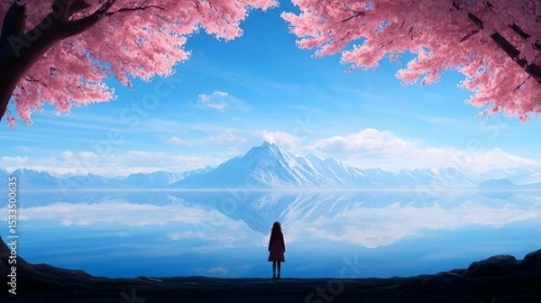 Obraz A serene landscape with cherry blossoms and a mountain view.