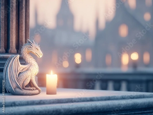 Obraz A serene dragon statue beside a glowing candle in soft light.