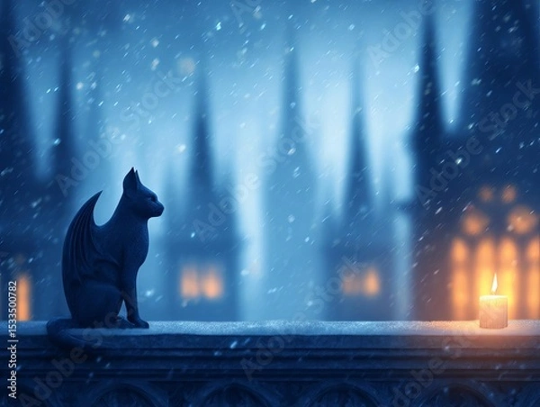 Obraz A mystical cat statue against a snowy, dark castle backdrop.