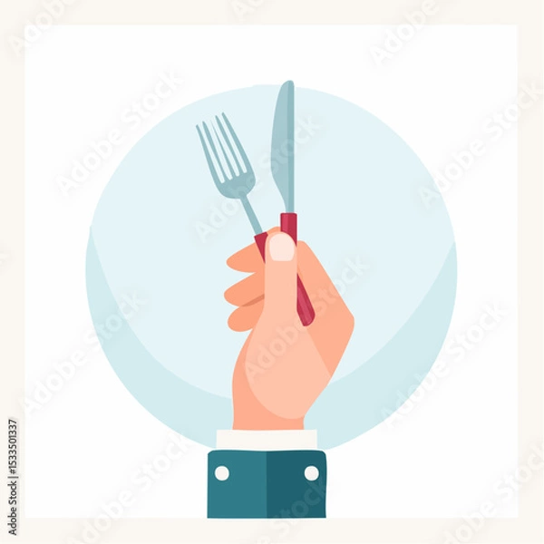 Fototapeta Elevated Dining: A stylized hand presents a poised fork and knife, emblems of culinary readiness and the promise of an exquisite meal.