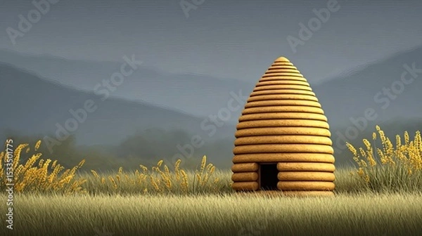 Obraz A unique beehive structure in a serene landscape, symbolizing nature.