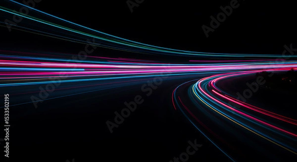 Fototapeta Abstract time lapse photography of light trails on a dark asphalt road Illuminated Roads Capturing the Essence of Motion and Speed at Night