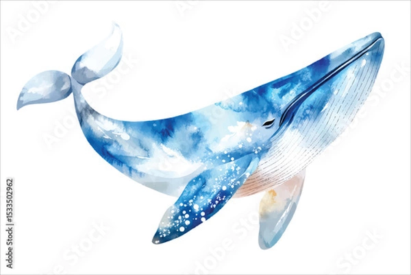 Fototapeta Whale watercolor vector illustration, underwater ocean animal art isolated on white background