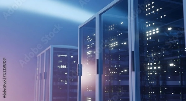 Obraz Close up view of multiple server racks with glowing lights in a blue environment