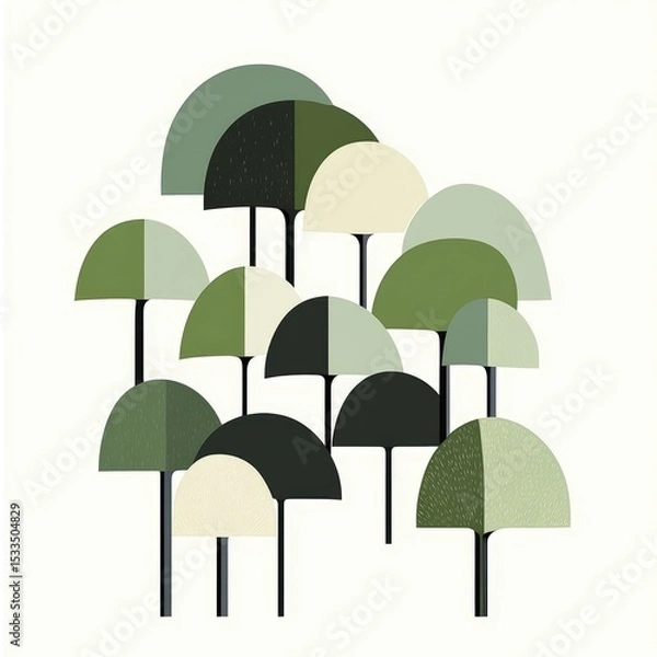 Fototapeta A minimalist vector illustration of trees in shades of green and gray, with large shapes that resemble mushroom caps, arranged to form an abstract forest landscape.