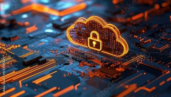 Obraz 3D rendering of a digital cloud with a padlock icon on a circuit board background, symbolizing data security in a virtual heaven for an online server 
