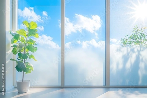 Obraz A photo of frosted window film on the glass, creating an effect that allows light to pass through while showing a clear view outside with clouds and blue sky.