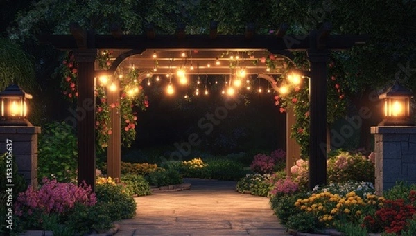 Obraz 3D rendering of a beautiful arbor with hanging lights, surrounded by purple and white flowers in the front yard.