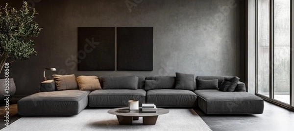 Obraz Photo of a minimalist living room with an elegant sofa and coffee table against a blank wall for mockup, featuring soft gray tones and clean lines.