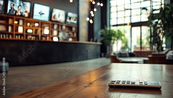 Obraz Photo of a remote control on an empty wooden table in front of multiple television screens displaying various TV shows and movies, representing