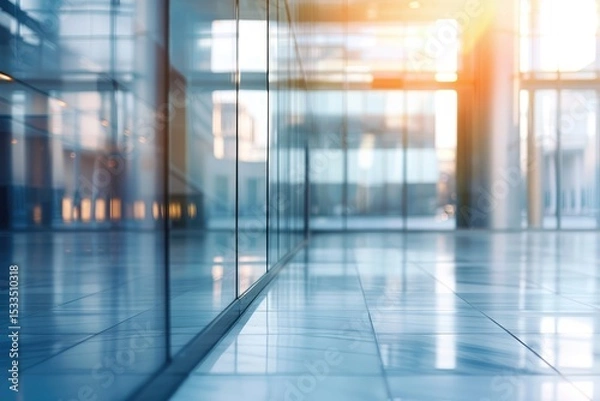 Obraz Blurred empty interior of a modern office building with glass windows for background design or text layout. The background is blurred and defocused