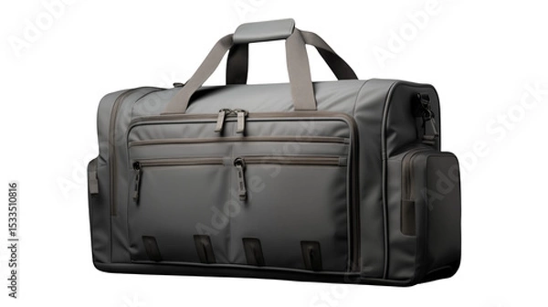 Obraz Stylish Grey Travel Duffel Bag with Multiple Pockets for Travel Essentials on white and transparent Background