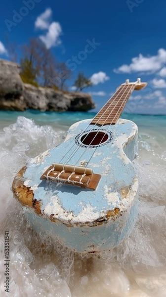 Obraz Old blue ukulele with worn paint floating in ocean waves near the shore, under a bright sky. Music, summer, beach, relaxation and creative vintage concept.