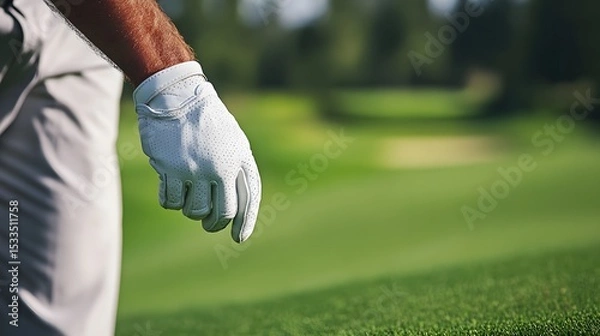 Obraz Professional golfer adjusting glove before swing, intense focus