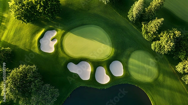 Obraz Aerial view of golf course holes with sand bunkers and water hazards