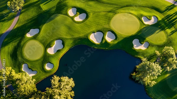 Obraz Aerial view of golf course holes with sand bunkers and water hazards