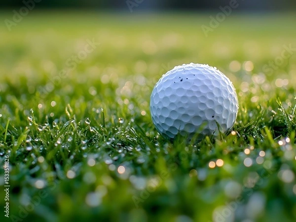 Obraz Macro shot of dew drops on golf ball on early morning grass