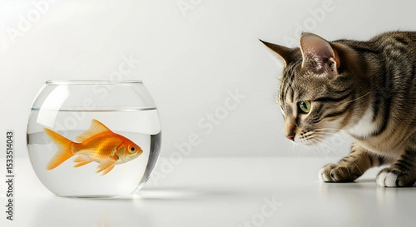 Fototapeta Curious Cat Watching a Goldfish in a Bowl