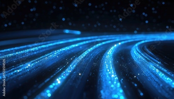 Fototapeta Blue, glowing light lines in the shape of an abstract highway on a dark background, representing a technology and internet concept.