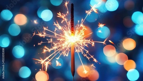 Obraz Close-up of a sparkler burning on a blue bokeh background, a macro shot. The concept of joy and celebration for Christmas or other events.