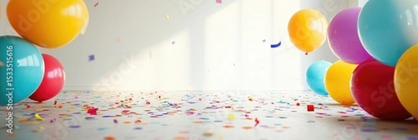 Obraz Colorful balloons and confetti on the floor, empty room with a white background. Birthday party decoration concept.