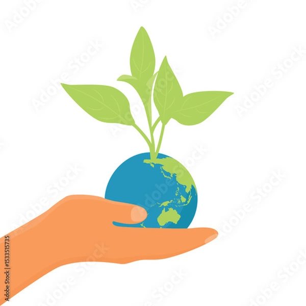 Fototapeta Hand holding globe earth with green sprout and leaves isolated on white background. Environment day. Earth day