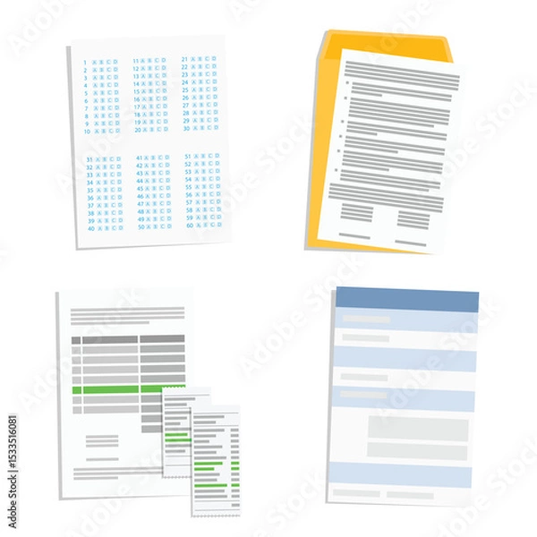 Fototapeta Collection of various paper documents, including checklists, receipts, payment slips, contracts and test forms