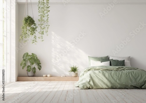 Fototapeta Sunlit minimalist bedroom with sage green bedding, wood platform, and hanging/potted plants