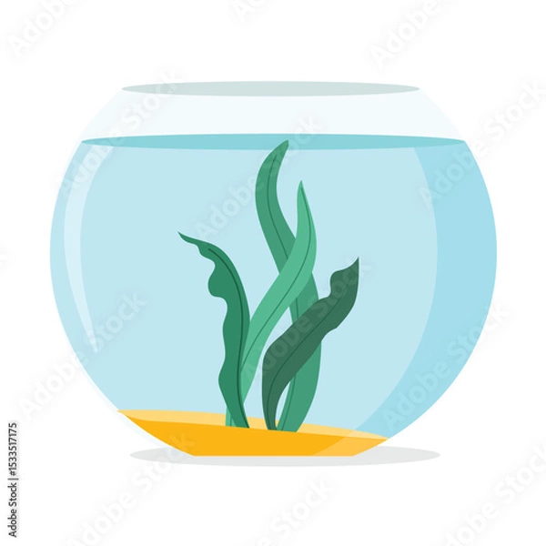 Fototapeta Empty cartoon fishbowl icon. Fishbowl aquarium with sand and algae plant, isolated on white background. Glass fishbowl filled with clear water, plant and decorative sand. Vector illustration