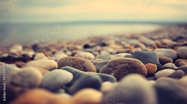 Fototapeta Close-Up Pebbles on Serene Beach: Soft Blurred Background with Natural Lighting and Muted Tones for Calm Atmosphere