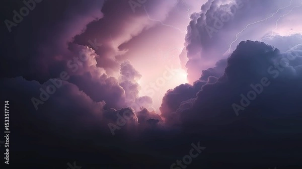 Fototapeta Aerial View of Dark Storm Clouds with Purple Lightning: High-Contrast Textures and Ominous Shadows in Dramatic Skyscape
