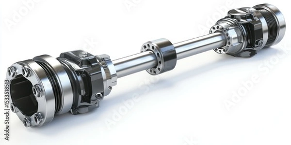 Fototapeta 3D render of drive shaft with universal joints on white background