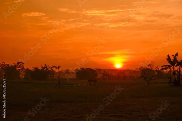 Obraz A serene sunset over a rural landscape with a field, trees, and houses silhouetted against a vibrant orange sky.