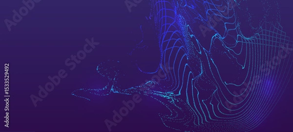 Fototapeta Abstract dark purple background with flowing blue lines and glowing particles