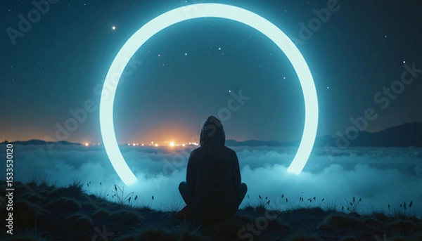 Obraz Mysterious Figure Under Glowing Circle, Starry Sky, Spiritual Meditation Scene