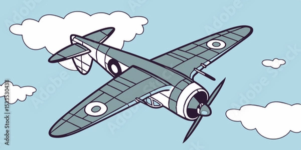 Fototapeta Vintage Airplane Soaring Through a Cartoon Sky A Nostalgic Flight of Fancy Depicting a Classic Warbird Amidst Fluffy Clouds and a Light Blue Backdrop Evoking