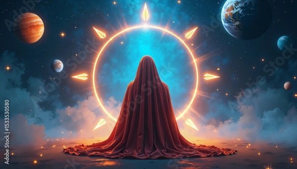 Obraz Hooded figure in cosmic scene with glowing circle, symbolizing astrology and numerology