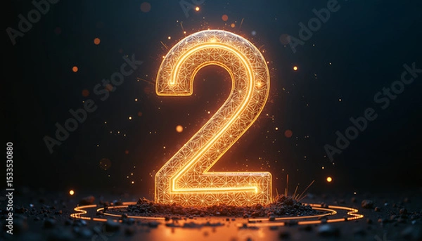 Obraz Glowing Number Two in Abstract Style, Orange Luminescent Numerology Symbol