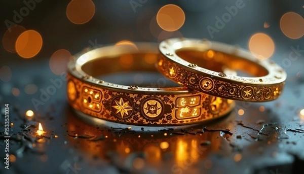 Obraz Ornate golden rings with astrology symbols, mystical charm for spiritual themes