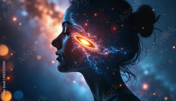 Obraz Woman with Cosmic Vision, Mystical Aura in Enigmatic Space, Spiritual Enlightenment