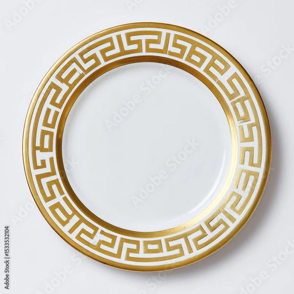 Fototapeta Glossy white plate with bold metallic gold Greek key edge design, elegant and stylish dinnerware