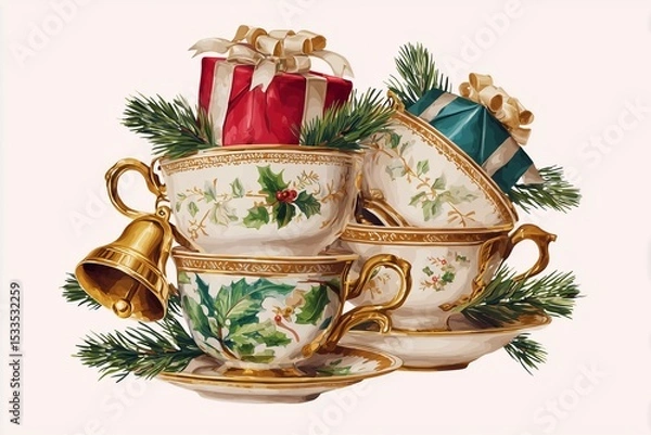 Fototapeta Stack of Christmas teacups adorned with a bell, pine branches and holding small wrapped gifts inside