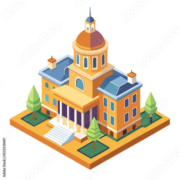 Fototapeta vector of a municipal city hall with dome, steps, and clock tower in isometric structure, isolated on white
