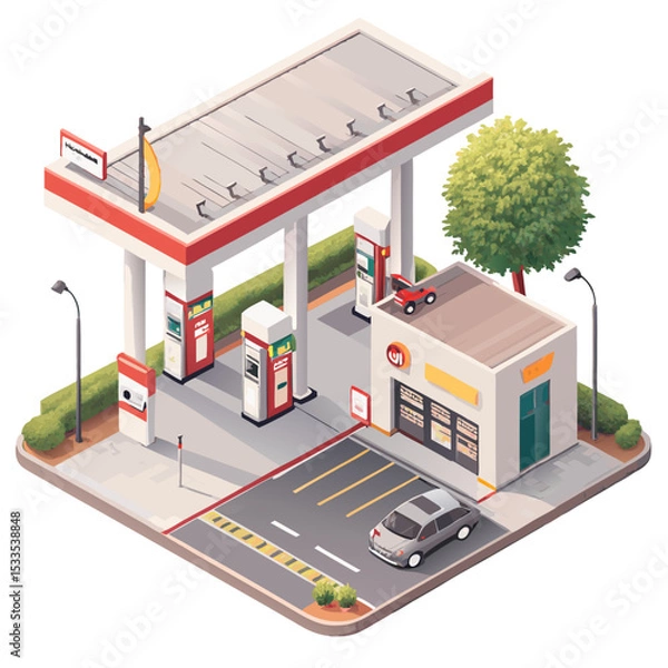 Fototapeta vector of a roadside gas station with fuel pumps, convenience store, and canopy, isometric angle, isolated on white
