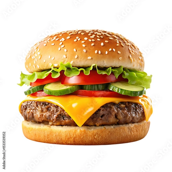 Obraz Juicy cheeseburger with sesame bun isolated on transparent background